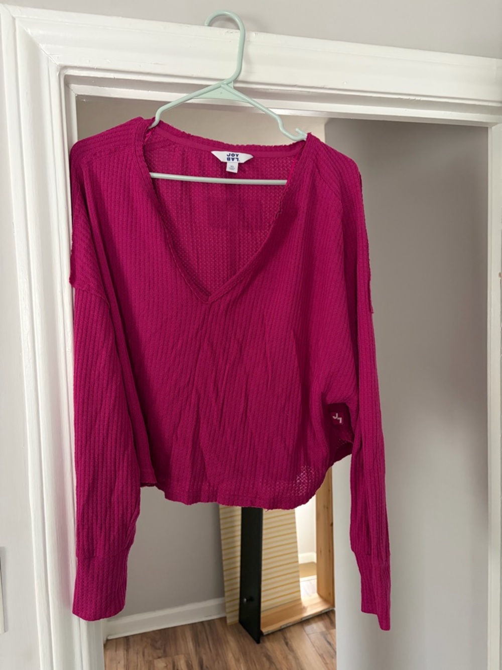 JoyLab Vibrant Magenta V-Neck Waffle Long-Sleeve Top